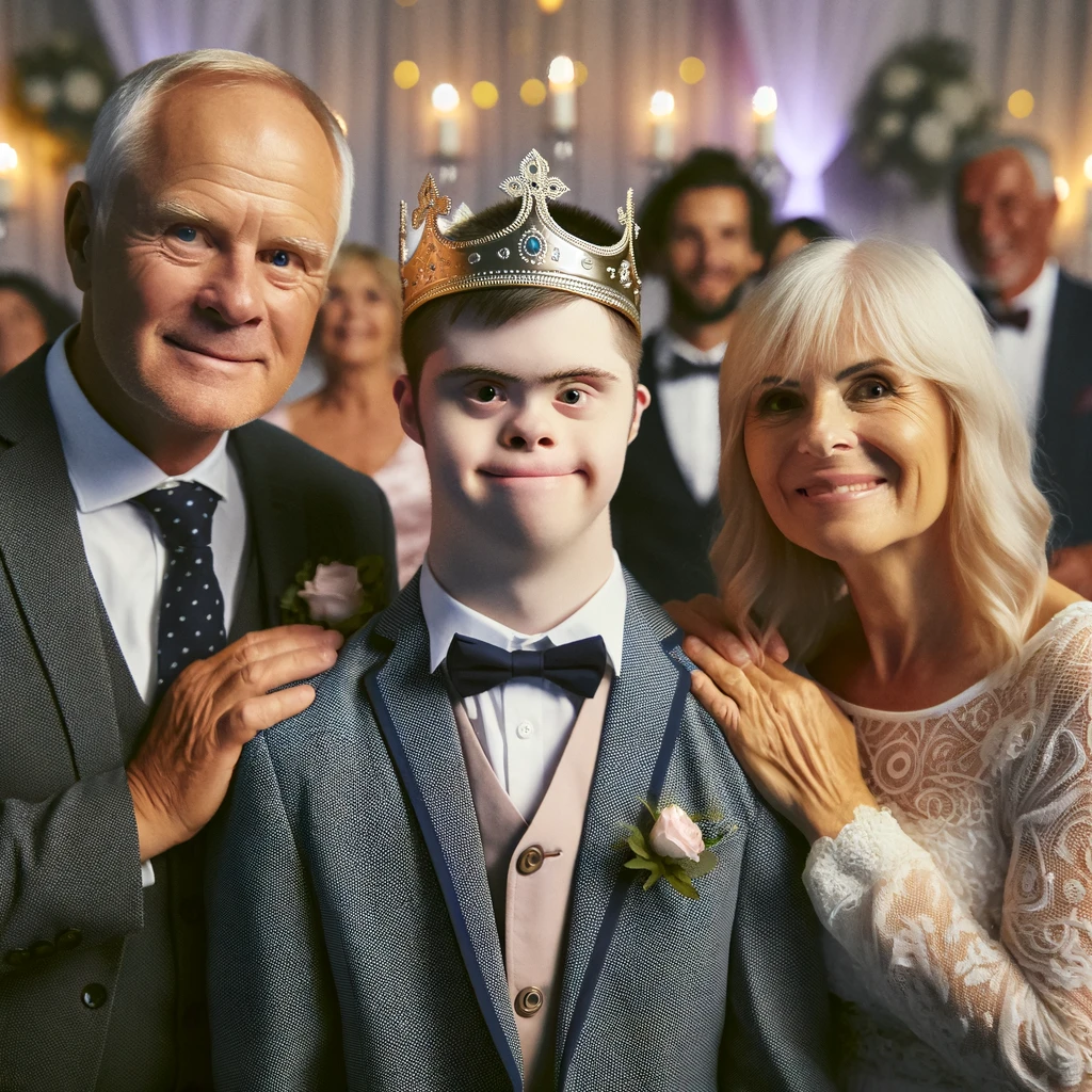 An older couple stands with ther teenaged son. He is wearing a crown and a suit. He has Down Syndrome