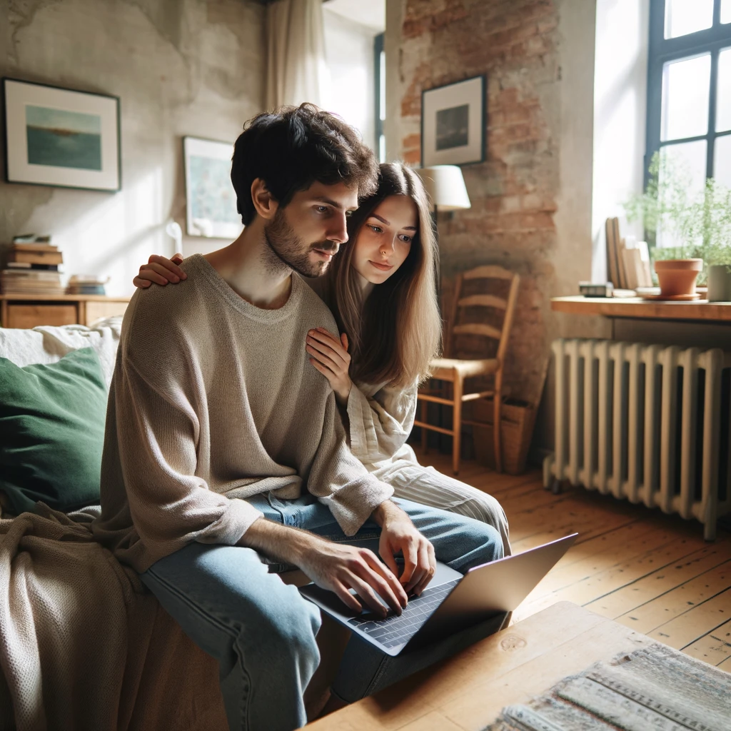 A young couple in their apartment looking at a computer