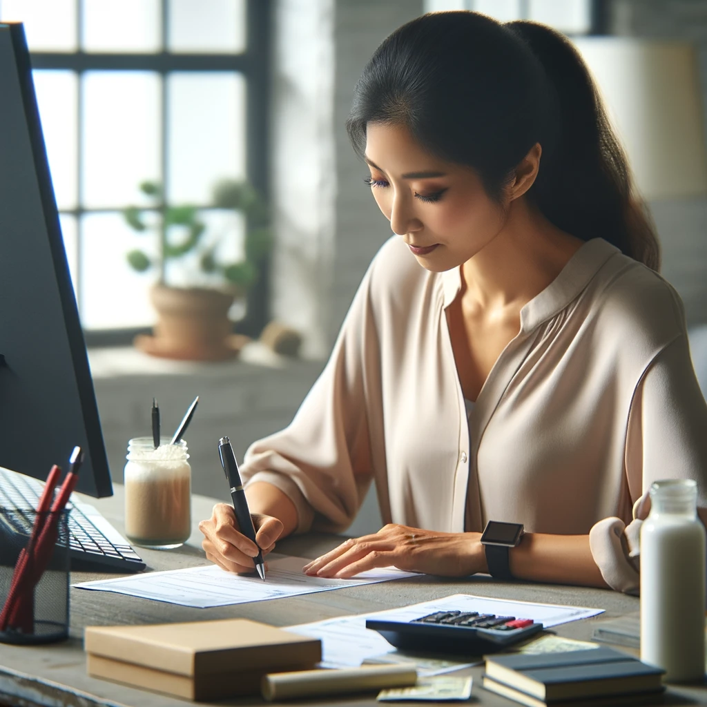 A professional Asian sitting at her desk in front of a computer, writing a check.