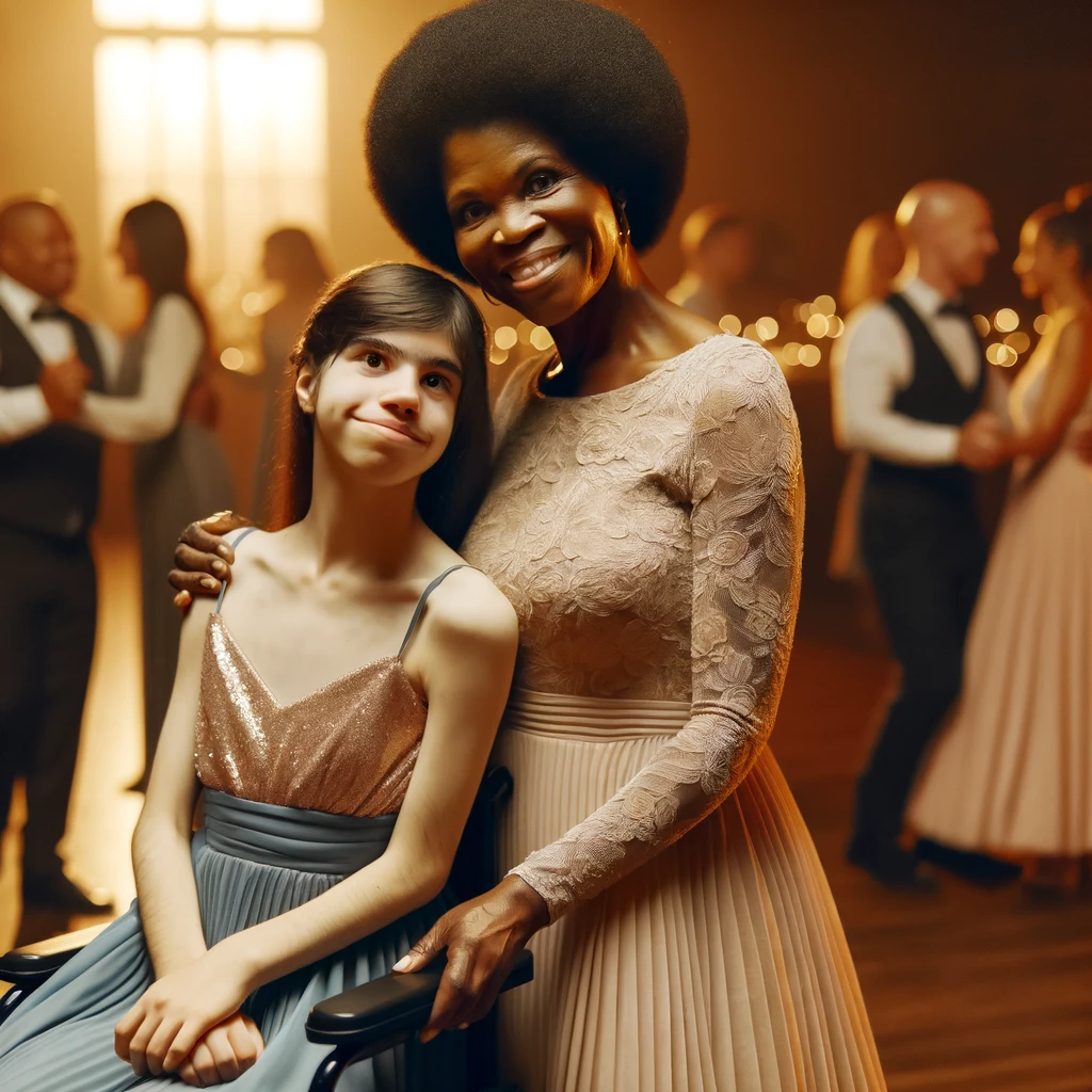 Middle aged woman of color standing with a young woman looking at the camera.